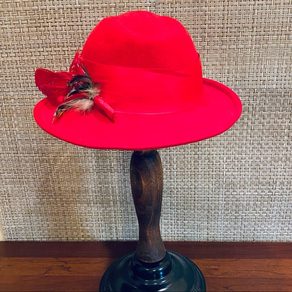 ?2xHP?VTG 1970-80s Red Wool Feathered Wide Brim Hat USA main image 4